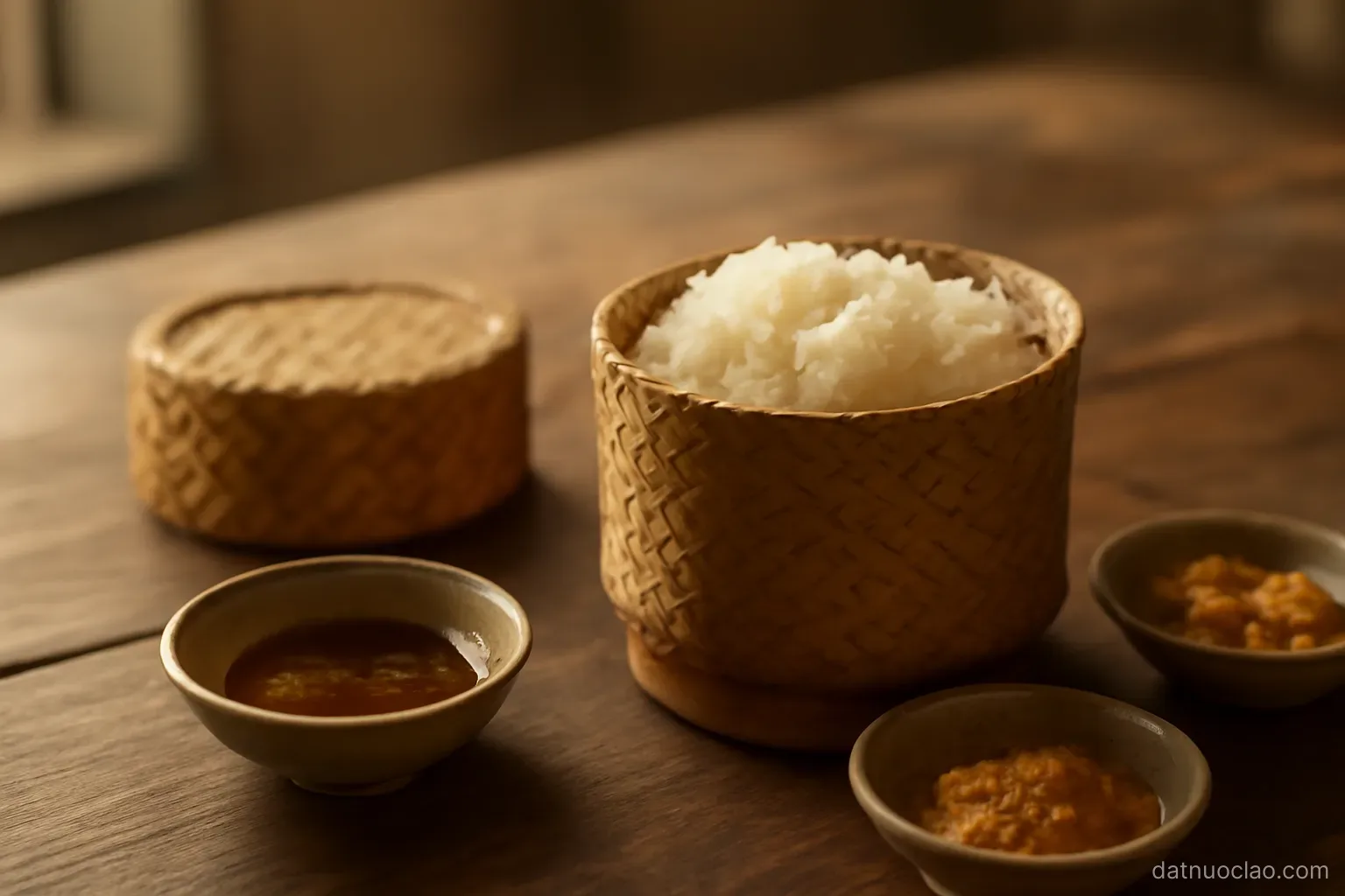 A woven bamboo basket of sticky rice open beside small dishes on a low table, warm light