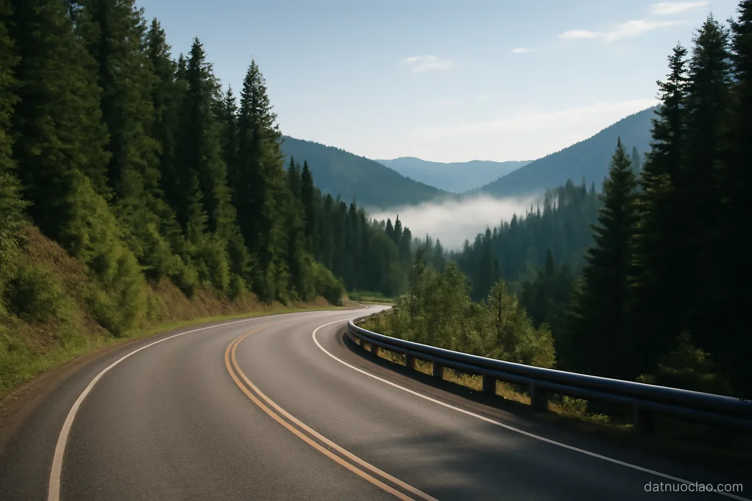 A mountain road curving between forested ridges with mist in the valley below, midday