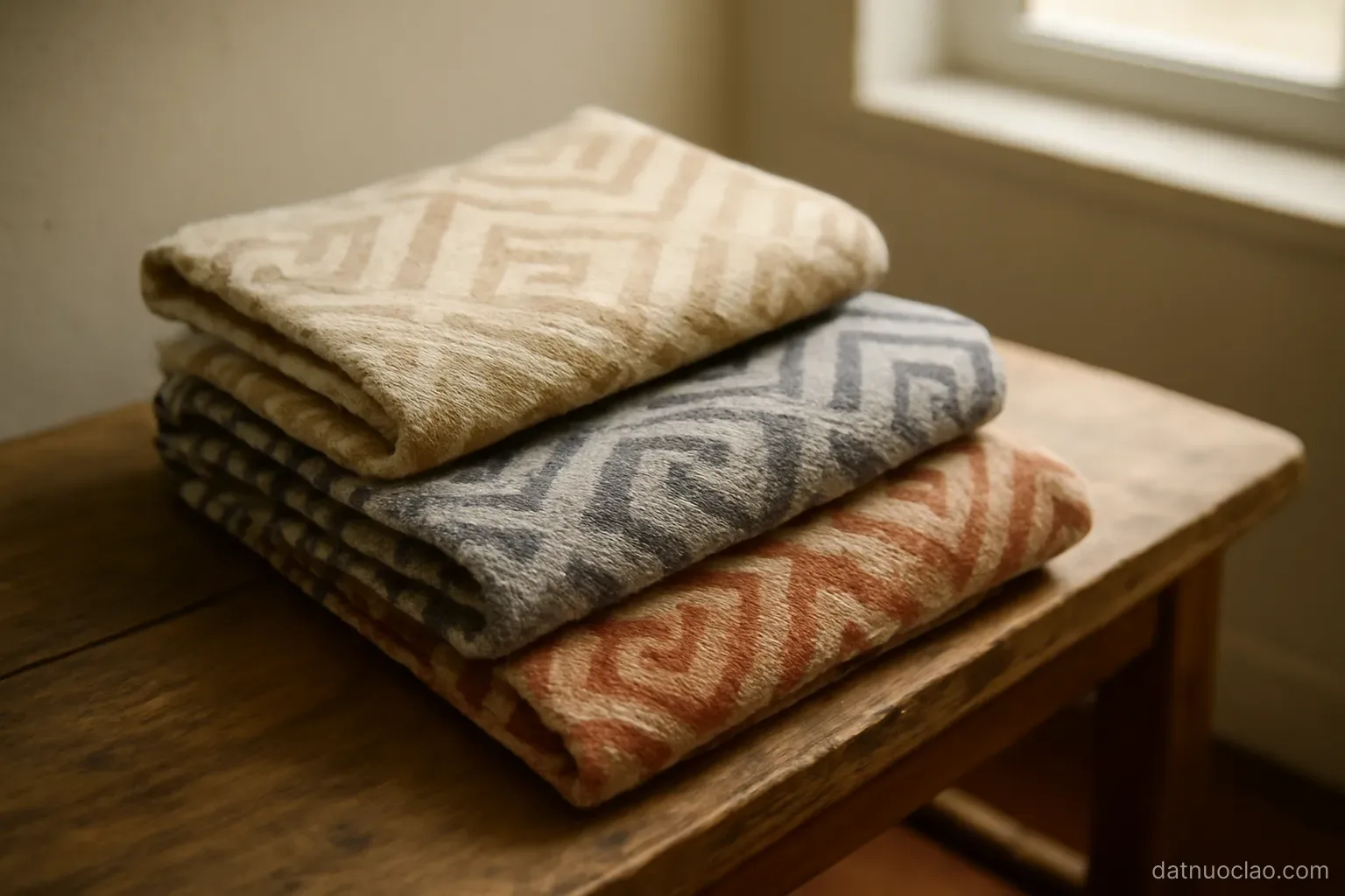 Handwoven textiles with geometric patterns folded on a wooden bench, natural side light