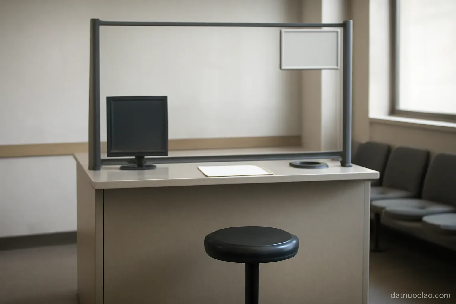 An immigration counter with a glass partition and an empty stool, plain institutional interior