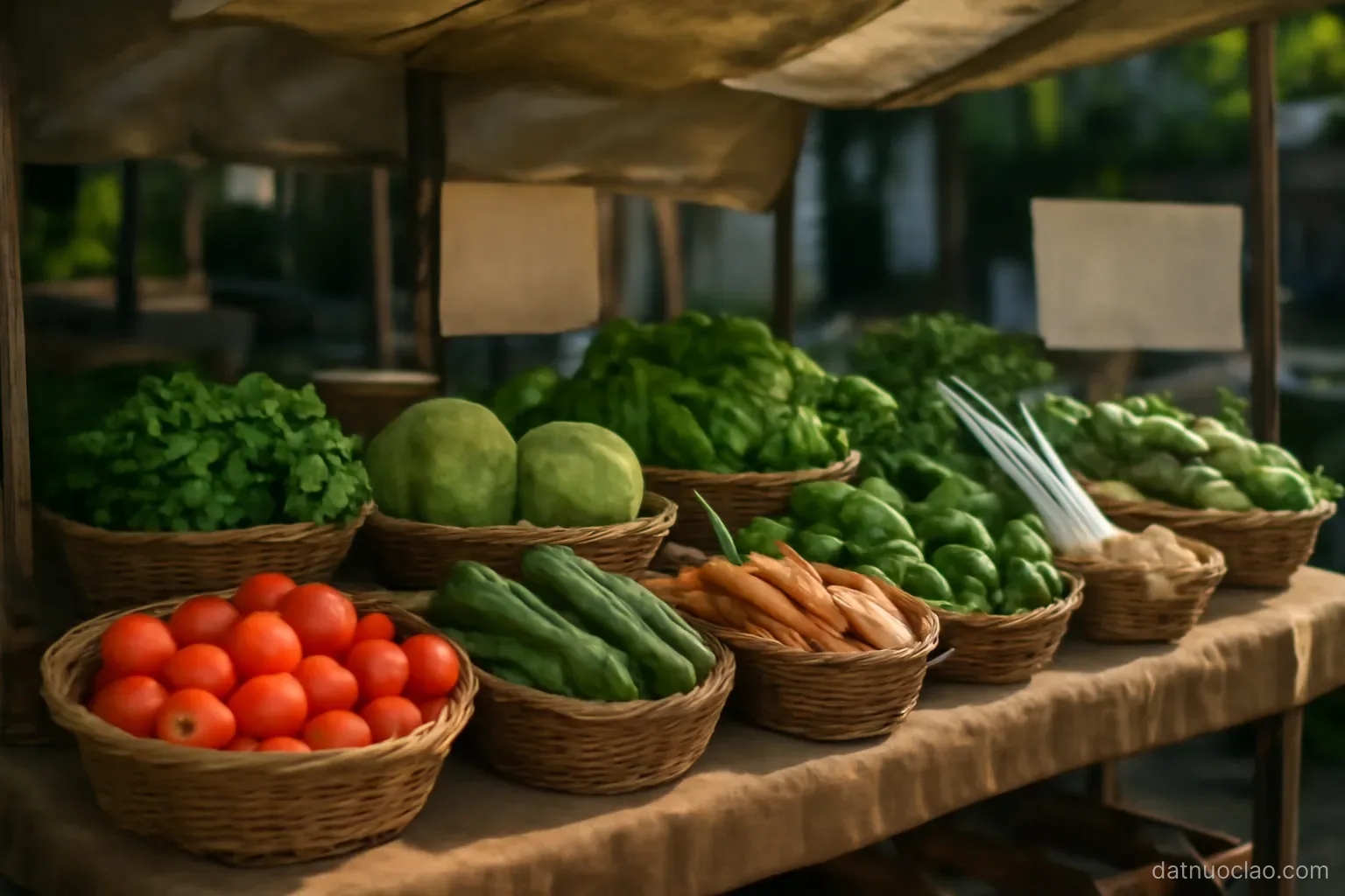 A market stall with fresh vegetables in woven baskets under a tarp, morning shade