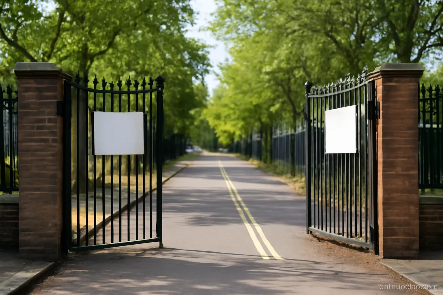 A school gate with an empty pathway and painted lines on the ground, trees along the fence