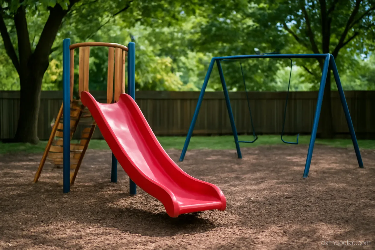 A playground with a slide and swing set in a fenced yard, trees providing shade, empty