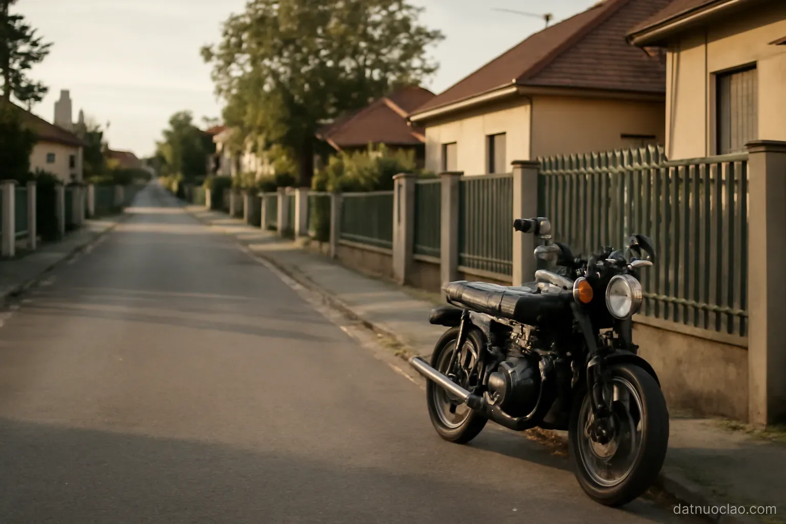 A residential street with low houses behind fences and a parked motorbike, quiet afternoon