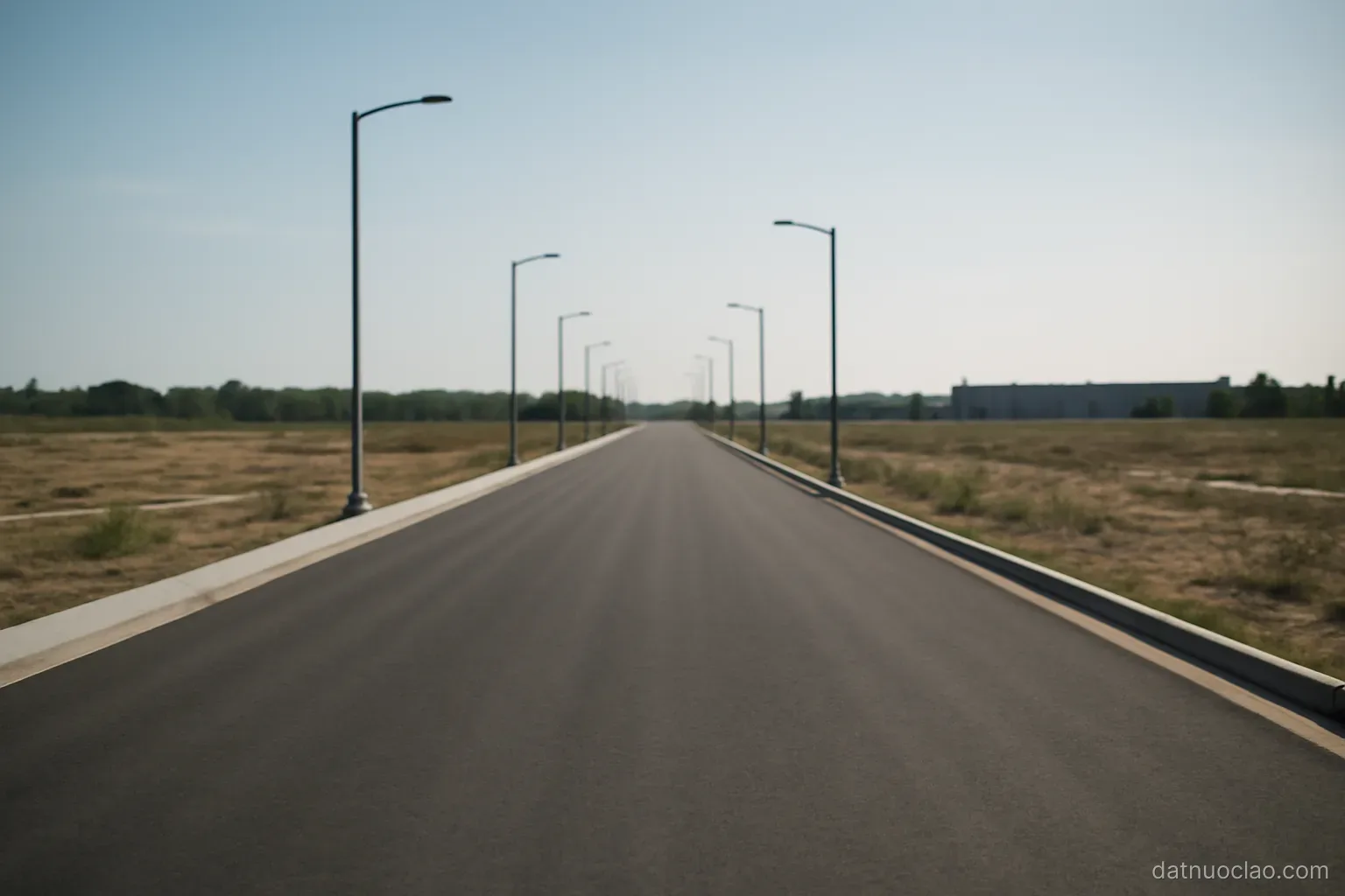 A wide empty industrial road with new curbs and streetlights, undeveloped plots on both sides