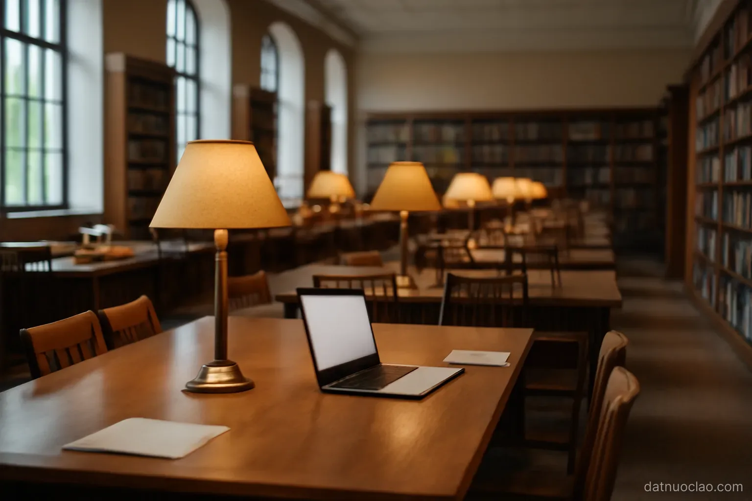 A university library reading room with long tables and shelves, warm lamps, no people