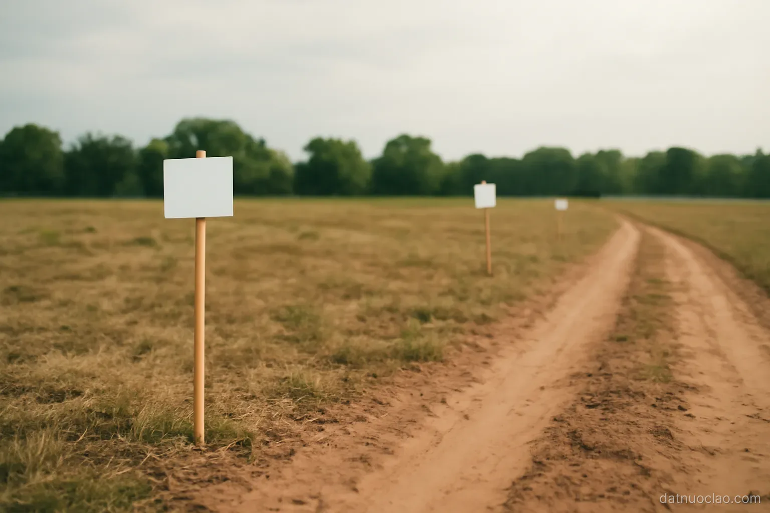 An open field with survey stakes and a dirt track, distant tree line under a pale sky