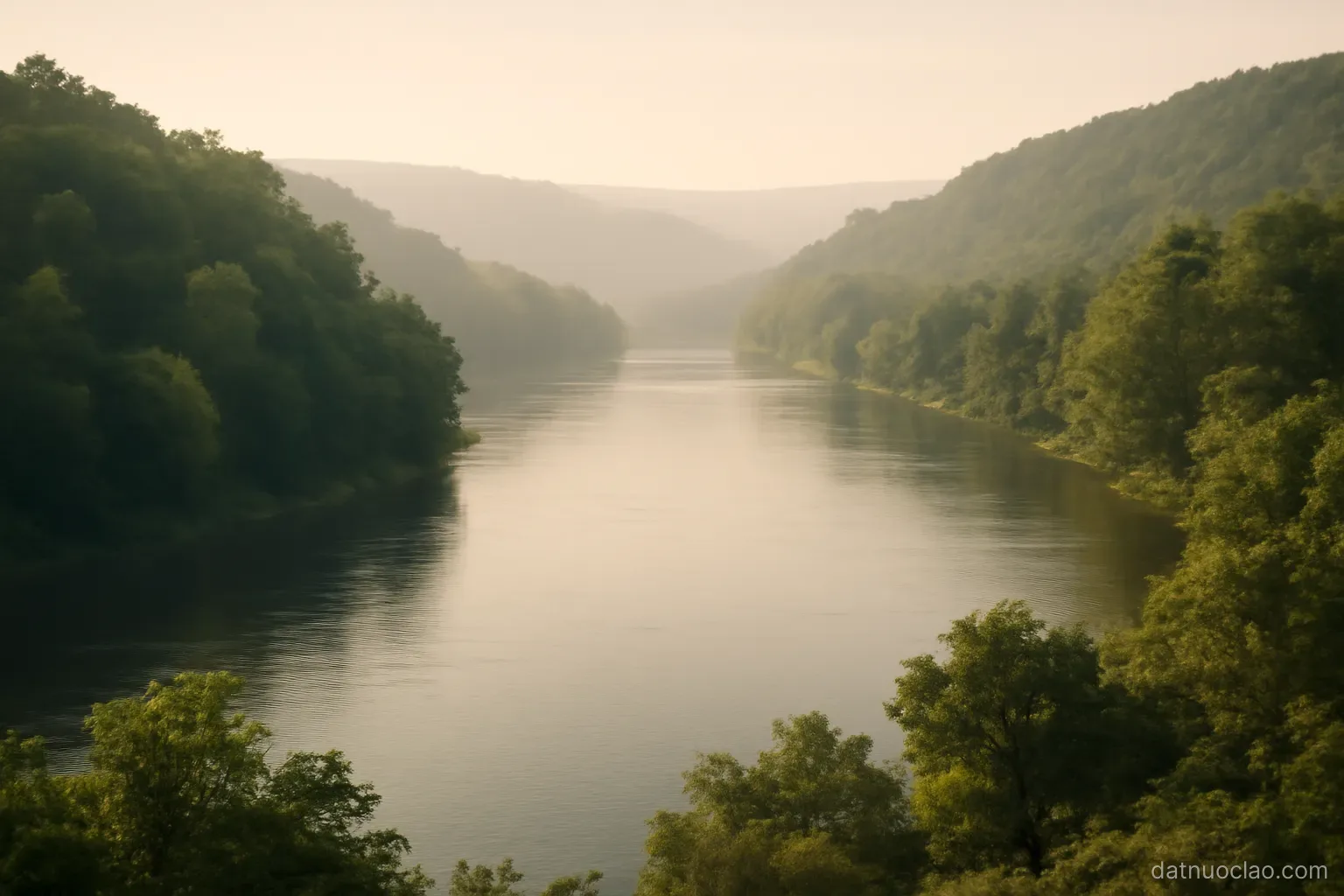 A wide river bend with forested hills on both banks under hazy morning light, no boats