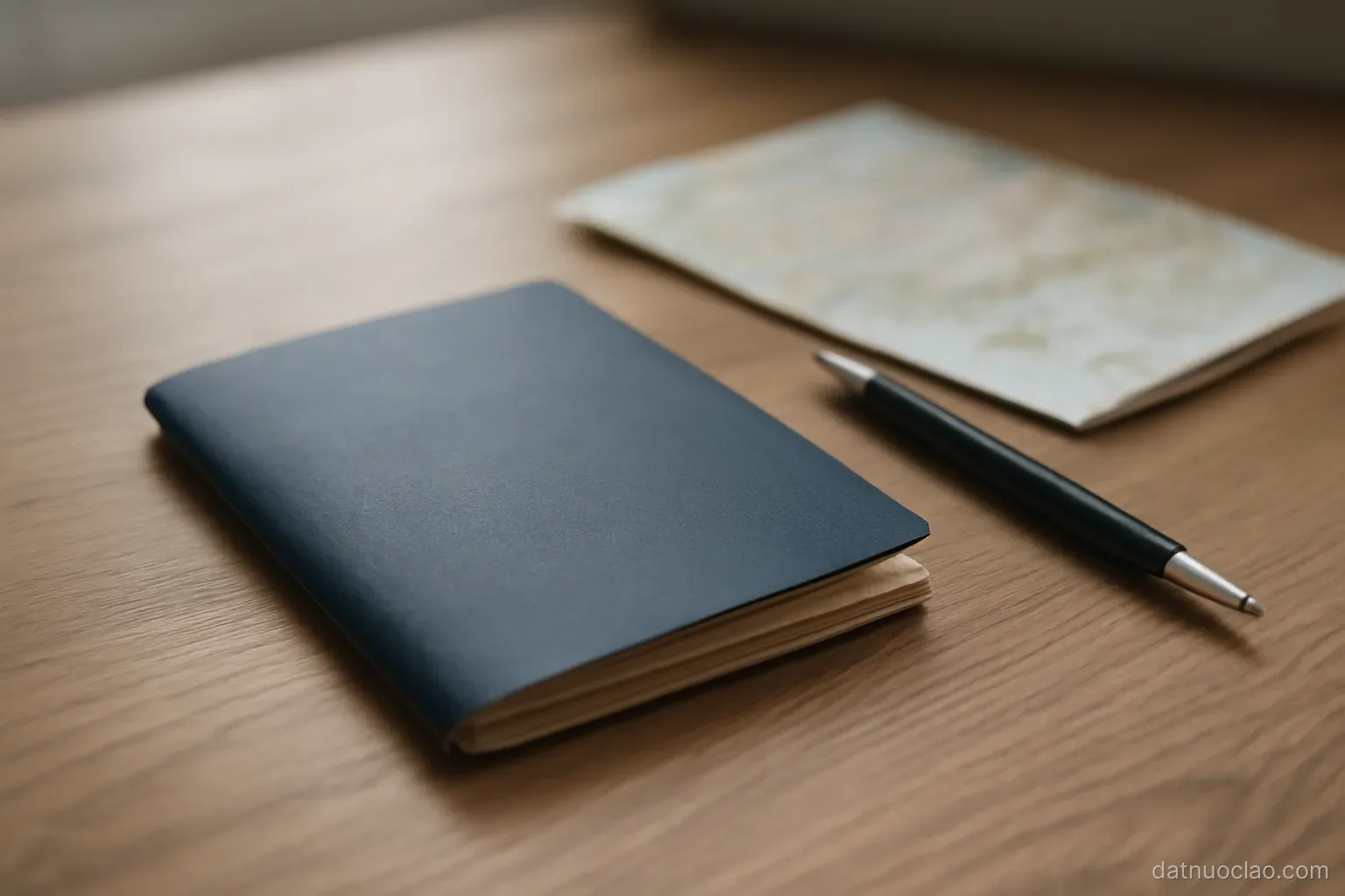A passport lying closed on a wooden desk beside a pen and a folded map, neutral daylight