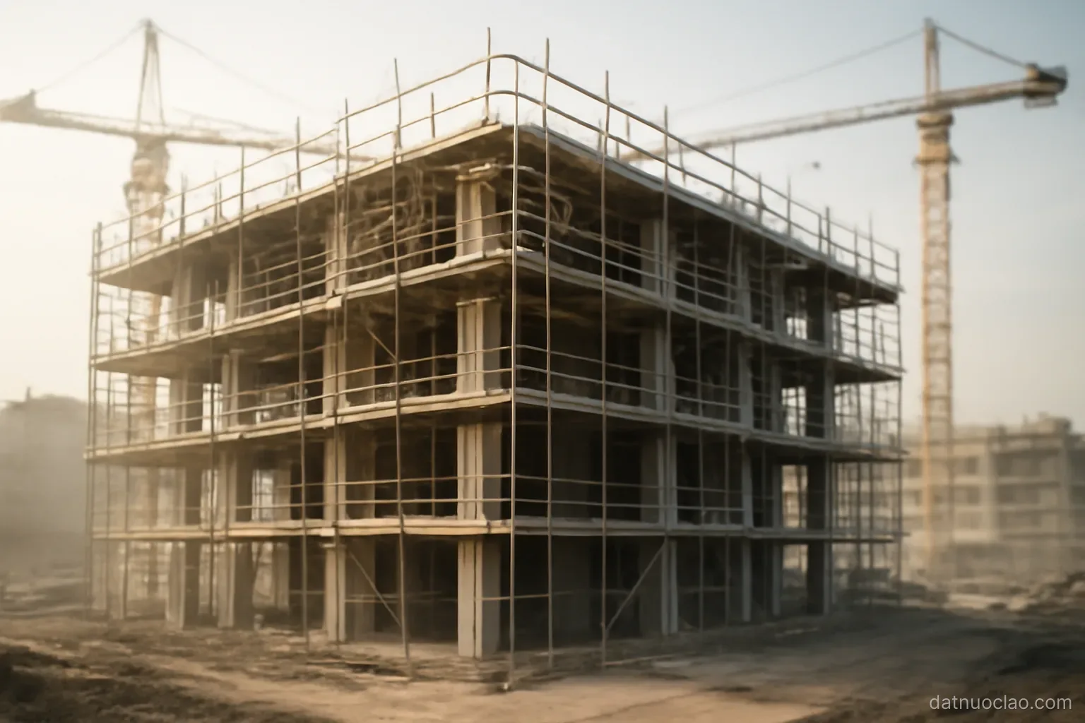 A construction site with scaffolding around a mid-rise concrete frame, cranes idle, dusty daylight
