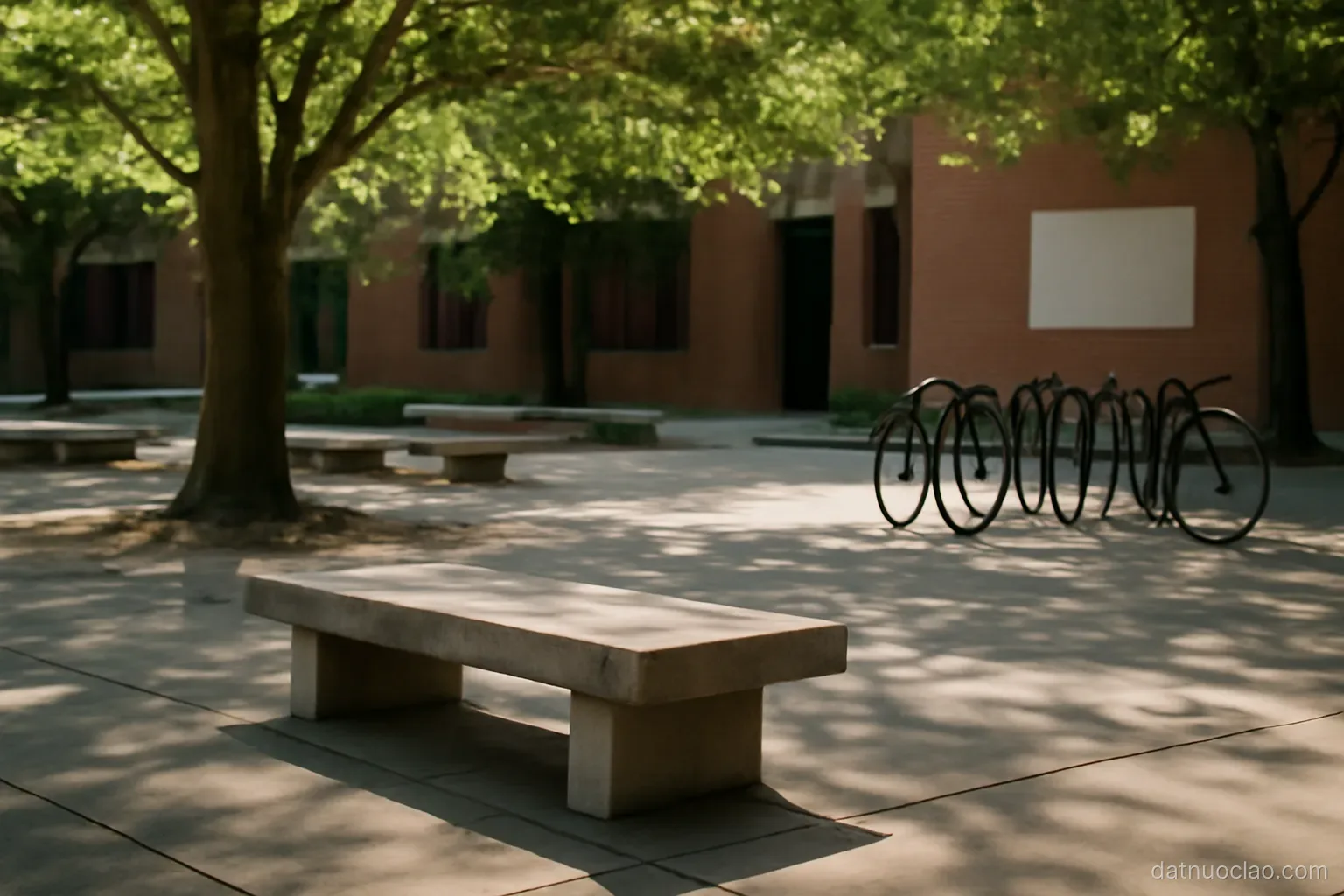 A university courtyard with concrete benches and a bicycle rack under shade trees, empty at midday