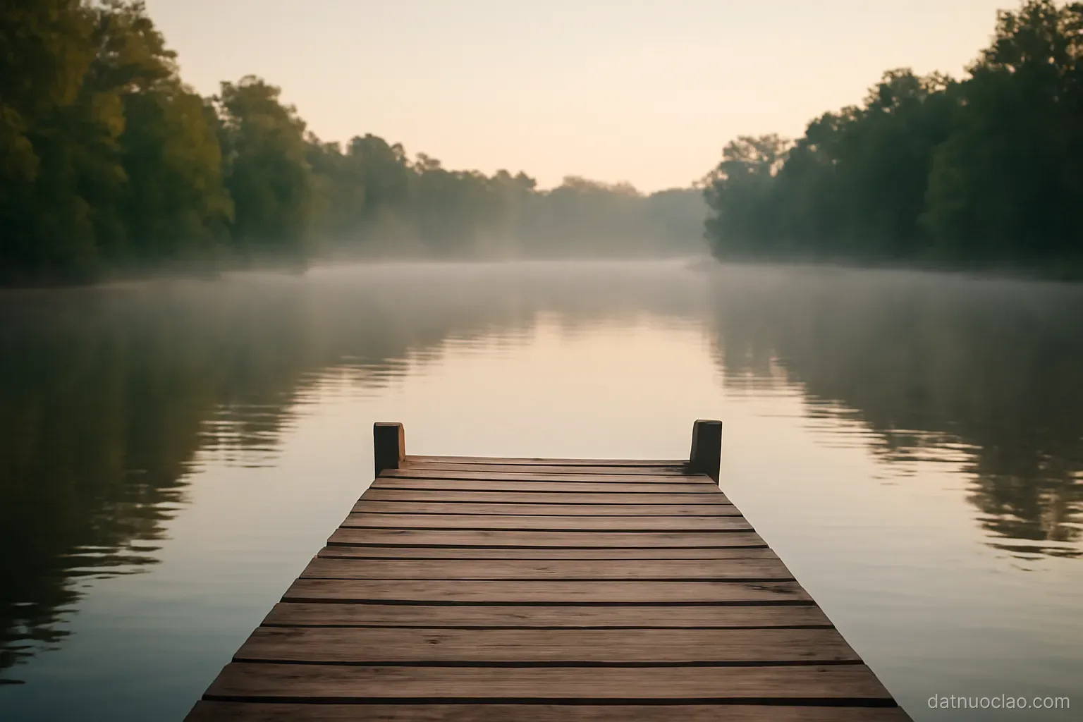 A calm river at dawn with mist over the water and forested banks, a wooden pier in the foreground