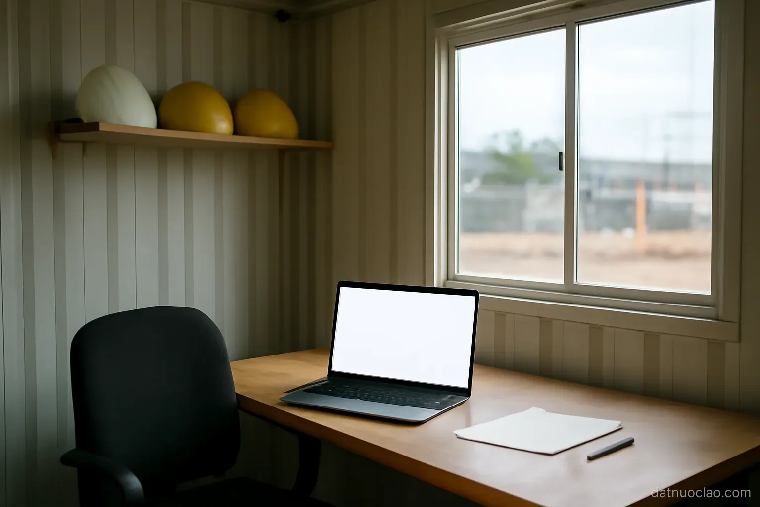 A worksite office container with a desk, hard hats on a shelf and a window looking out, daytime