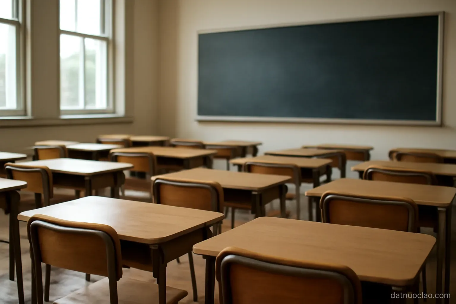 A simple classroom with wooden desks in rows and a blank blackboard, natural light from windows