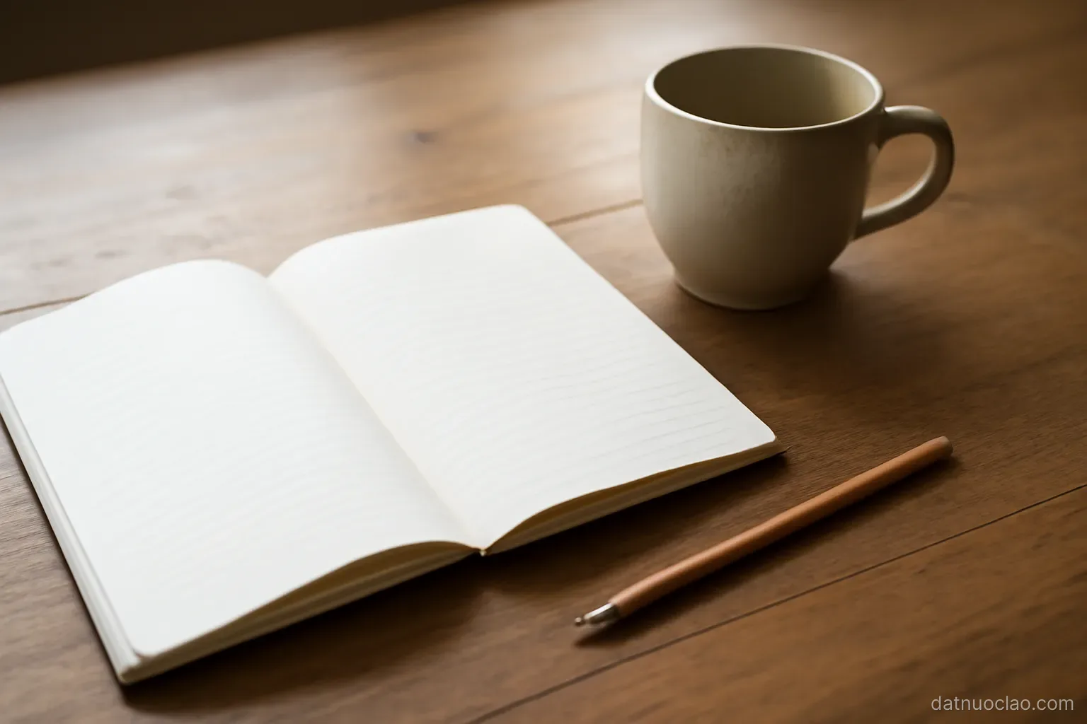 An open notebook with blank ruled pages beside a pencil and a mug on a wooden table