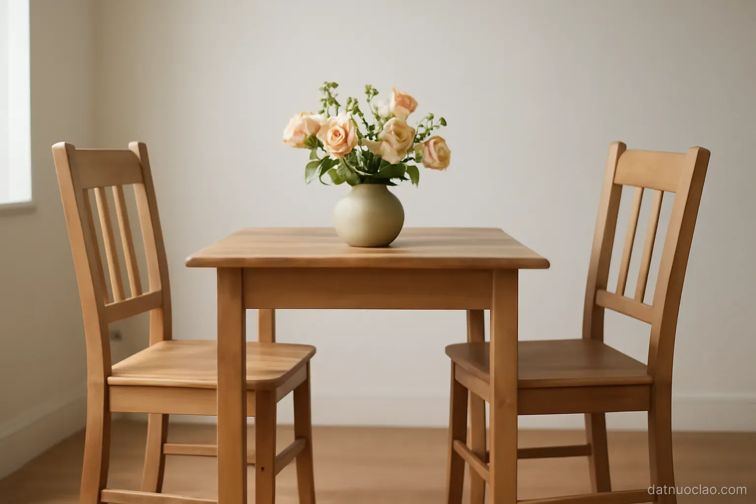 Two simple wooden chairs facing each other across a small table with a vase of flowers, plain room