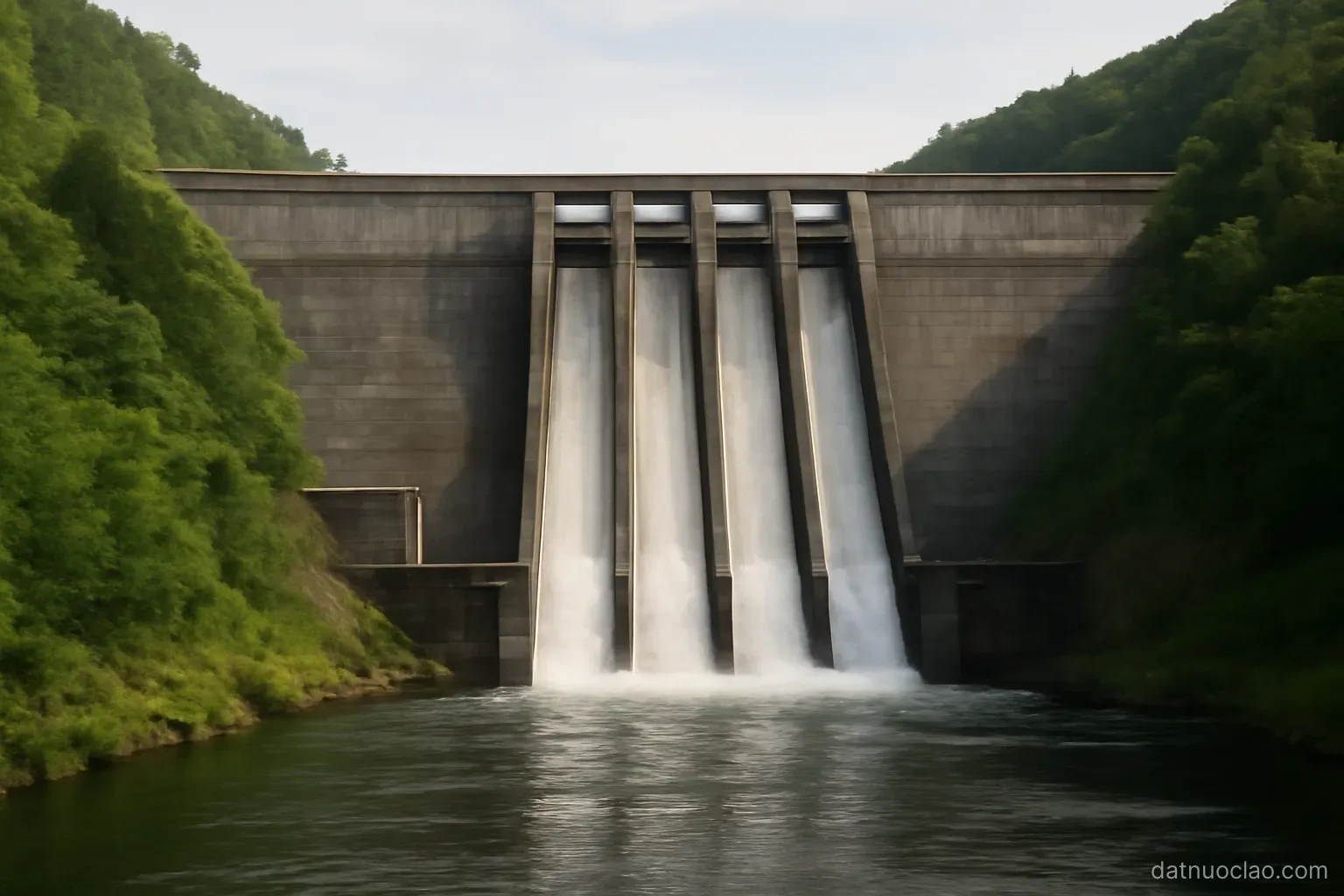 A hydroelectric dam wall with water channels seen from downstream, forested hills on both sides