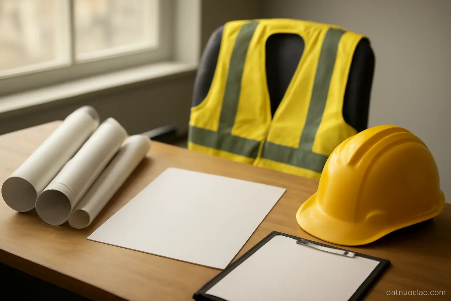 A site supervisor desk with rolled drawings, a safety vest on a chair, window light