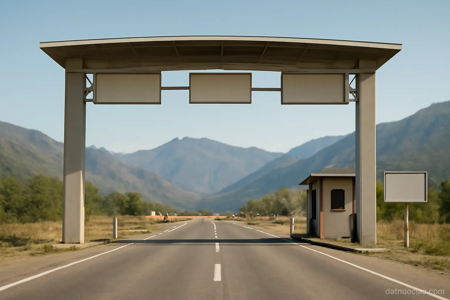 A border crossing gate arch over an empty road with mountains behind, flags removed, clear day