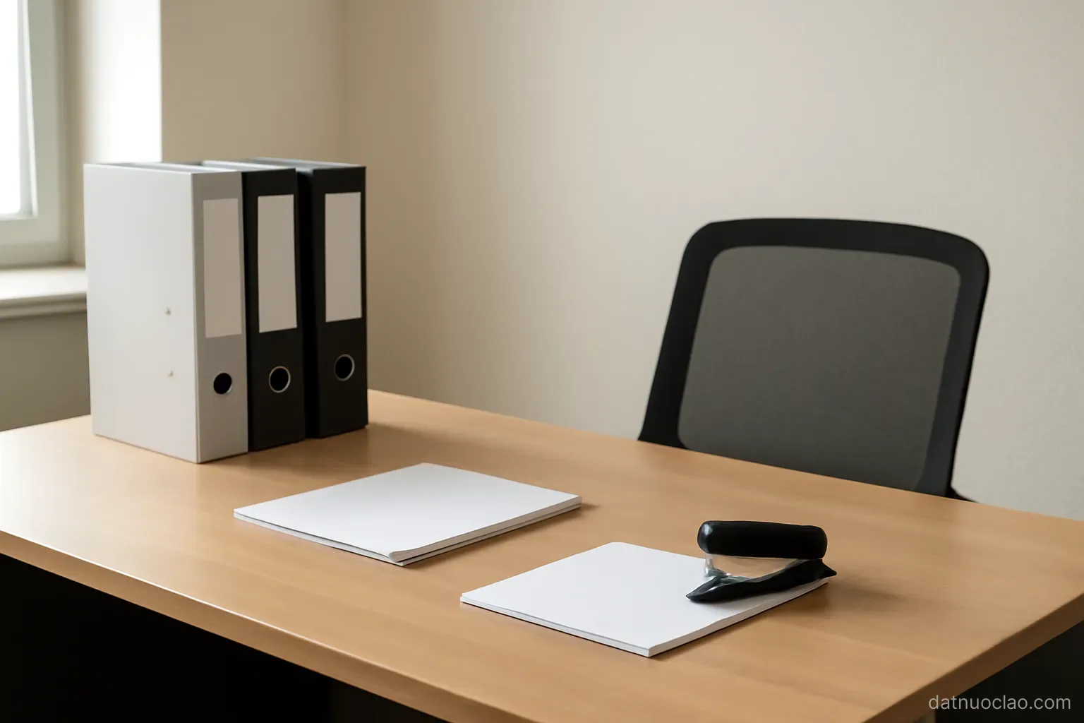 A small office desk with folders, a stapler and an empty chair, plain walls, daytime