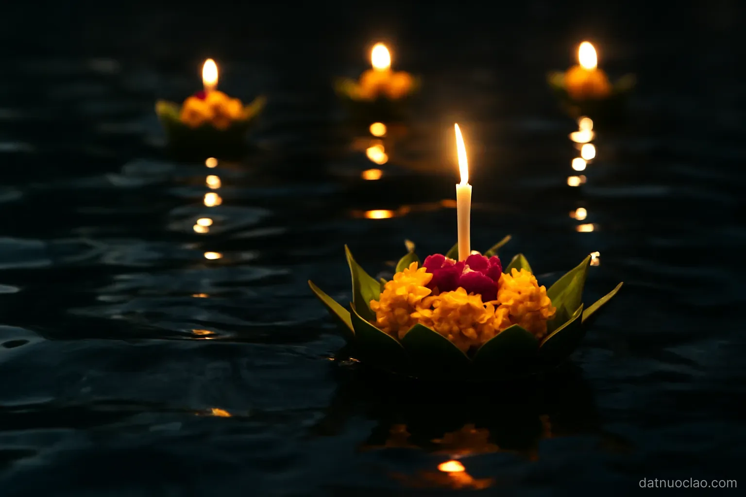 Small floating lanterns made of banana leaf and flowers drifting on dark water at night
