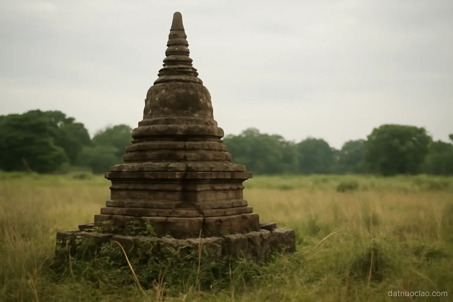 Weathered stone stupa ruins overgrown with grass, distant tree line, soft overcast light