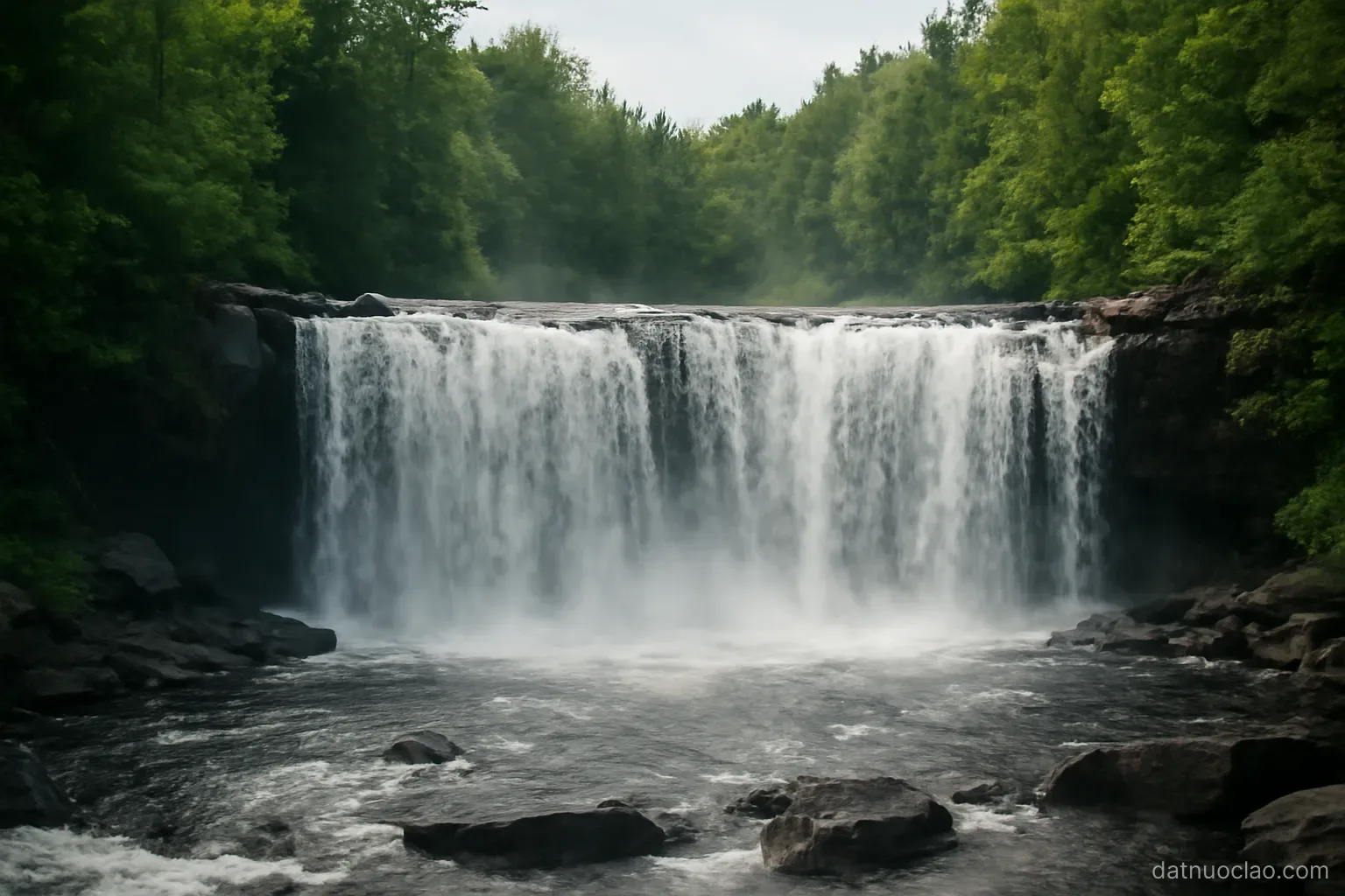 A wide waterfall spread across dark rocks with spray rising, green forest on both sides