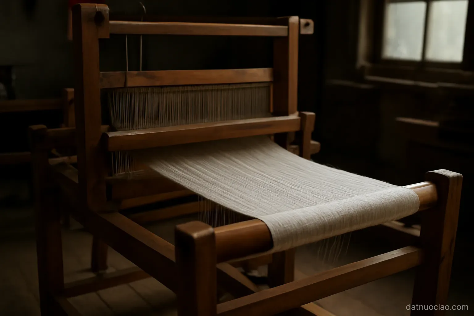 A wooden floor loom with partially woven cloth and threads stretched taut, dim workshop interior
