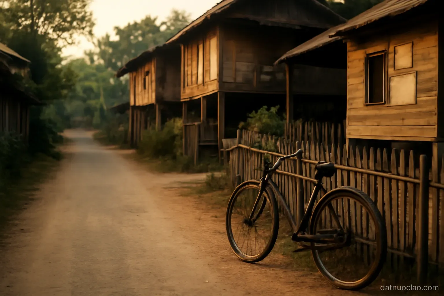A quiet village lane with wooden stilt houses and a bicycle leaning against a fence, late afternoon