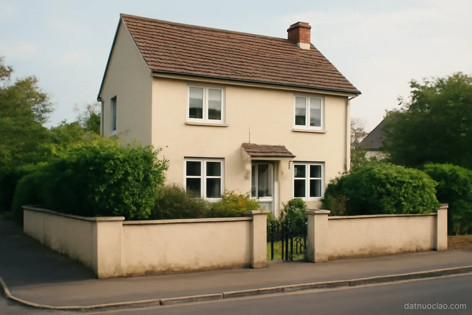 A two-storey house behind a low wall with a gate and a small garden, quiet residential street