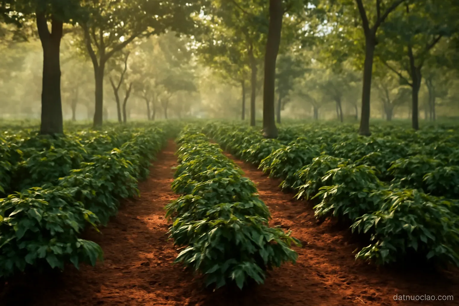 Rows of coffee shrubs on red soil under tall shade trees, morning light filtering through