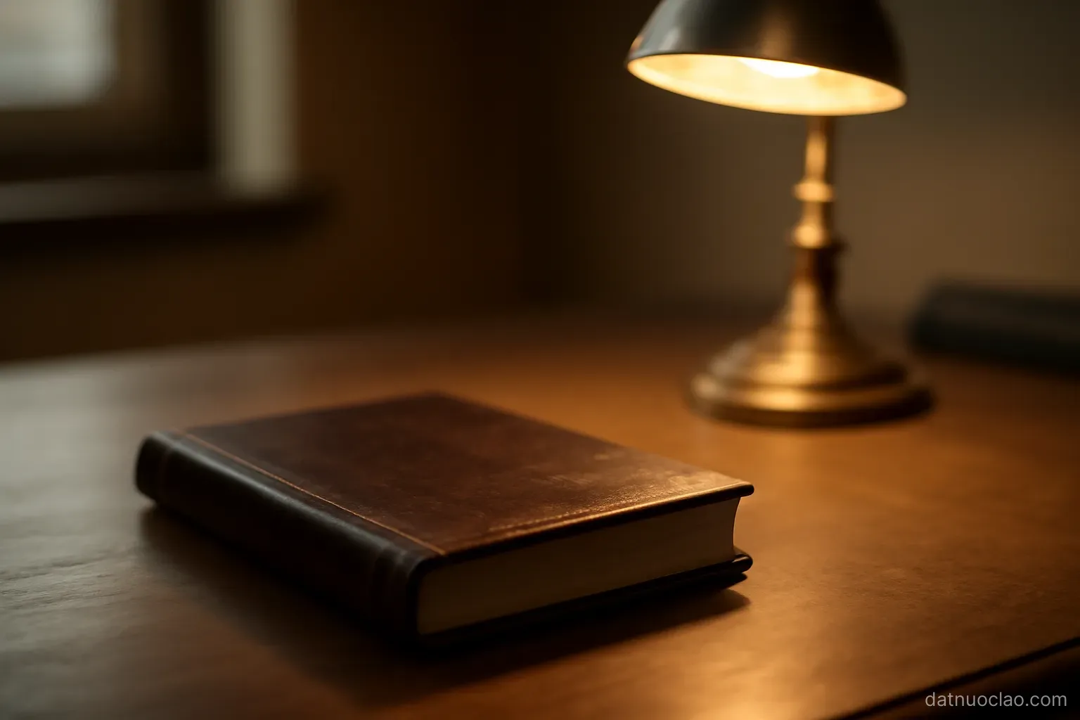 A closed leather-bound book on a desk with a brass lamp, dim warm light, no visible text