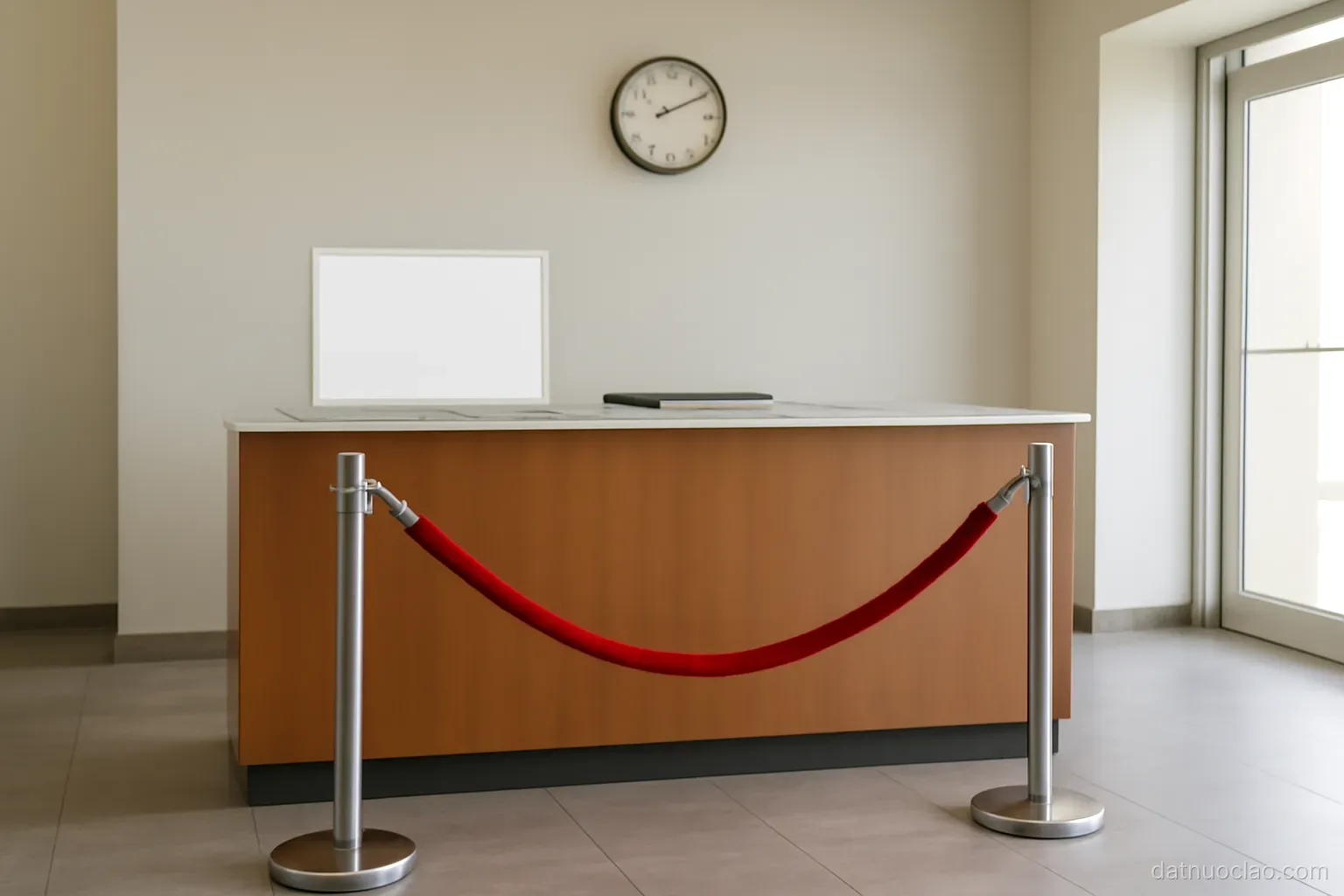 A service desk with a queue rope and a wall clock, plain lobby, natural light from a doorway