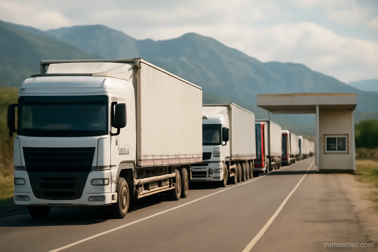 Cargo trucks queued along a roadside near a checkpoint building, mountains in the background