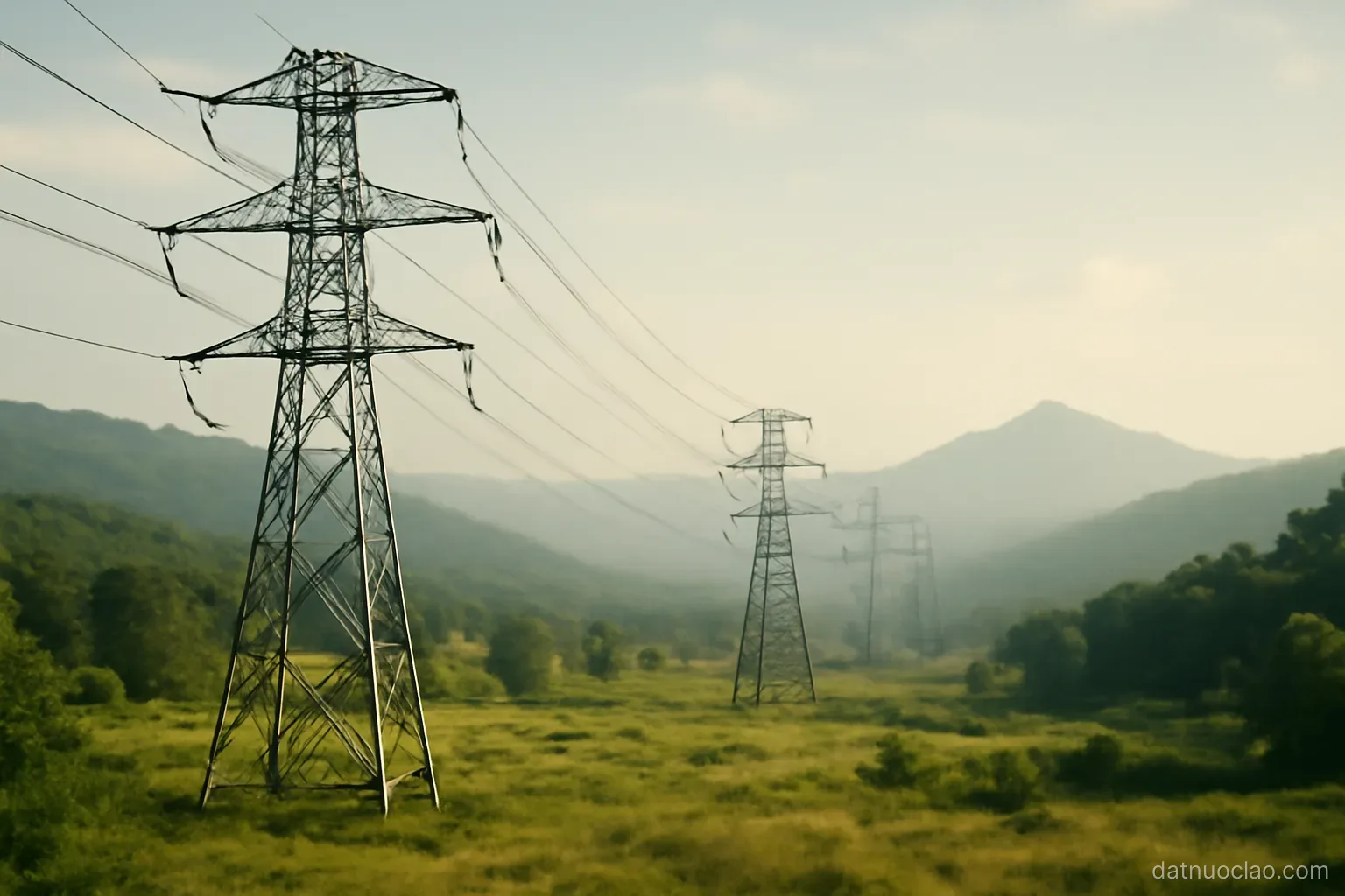 Transmission towers crossing a green valley with cables stretching toward distant mountains