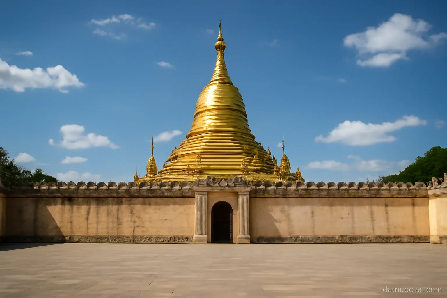 A golden stupa rising above a walled courtyard under a bright sky, wide empty plaza in front