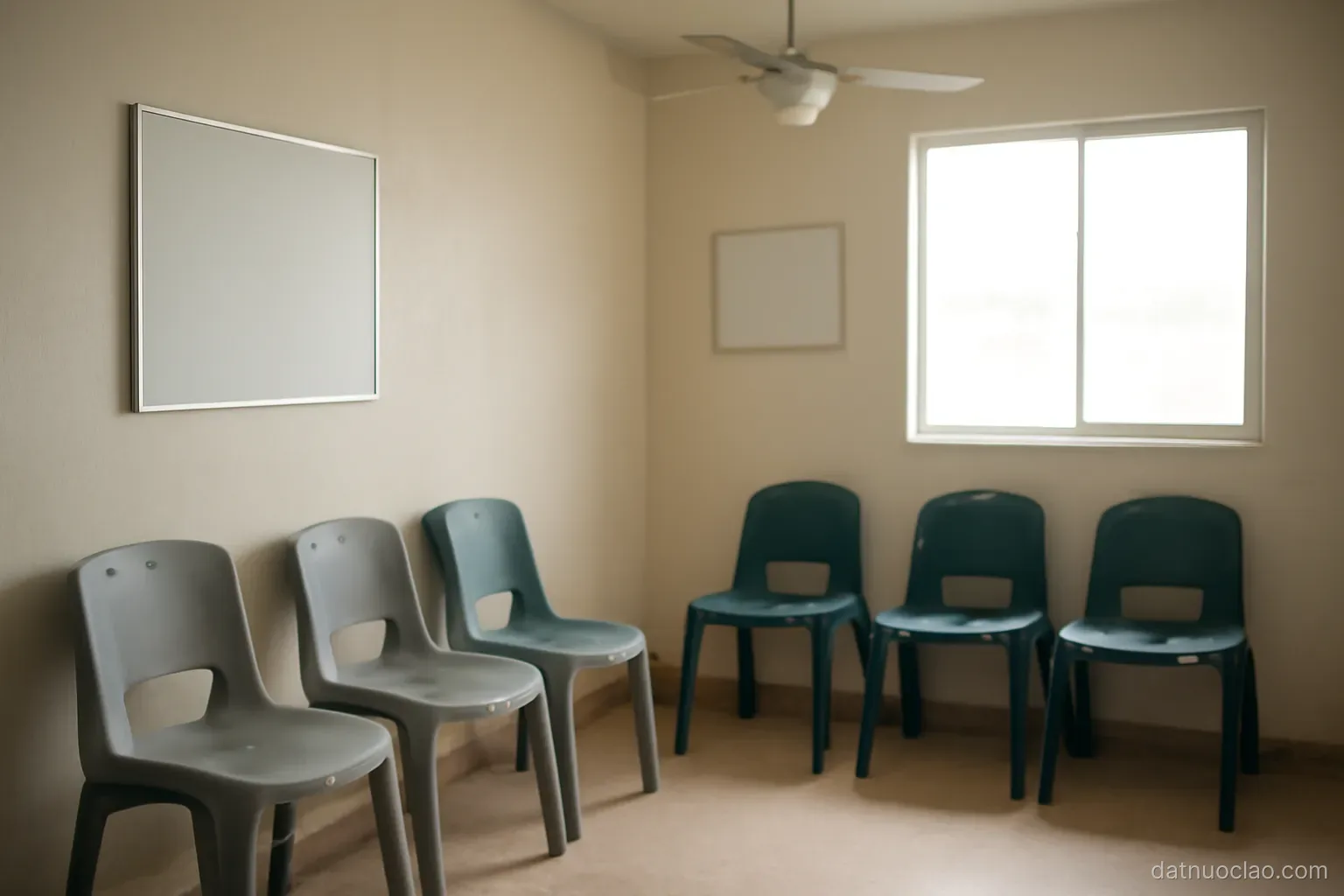 A small clinic waiting area with plastic chairs and a ceiling fan, plain walls, daylight